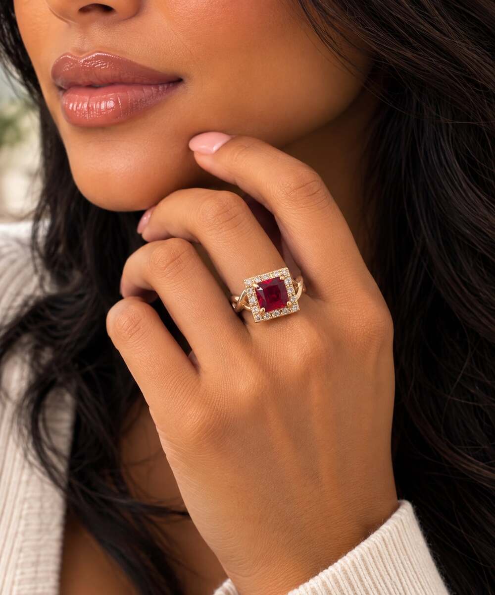 Red Square Crystal Cocktail Ring Gold Tone Rhinestone Halo Statement Ring